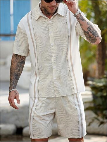 GORGLITTER Men's 2 Piece Outfits Button Down Color Block Short Sleeve Cuban Shirts and Beach Shorts Set in Saudi Arabia