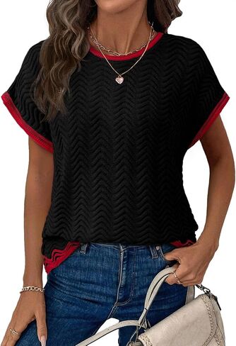 Dokotoo Womens Summer Tops عارضة قصيرة الأكمام مموجة الكروشيه Crewneck بلوك كتلة خفيفة الوزن متماسكة سبيكة فضفاضة فضفاضة in Saudi Arabia