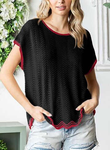Dokotoo Womens Summer Tops عارضة قصيرة الأكمام مموجة الكروشيه Crewneck بلوك كتلة خفيفة الوزن متماسكة سبيكة فضفاضة فضفاضة in Saudi Arabia