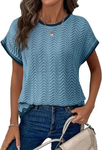 Dokotoo Womens Summer Tops Casual Short Sleeve Wavy Crochet Crewneck Color Block Lightweight Knit Loose Pullover Sweaters in Kuwait