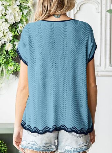 Dokotoo Womens Summer Tops Casual Short Sleeve Wavy Crochet Crewneck Color Block Lightweight Knit Loose Pullover Sweaters in Kuwait