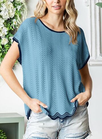 Dokotoo Womens Summer Tops Casual Short Sleeve Wavy Crochet Crewneck Color Block Lightweight Knit Loose Pullover Sweaters in Kuwait