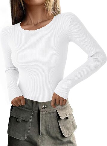 PRETTYGARDEN Long Sleeve Crewneck Shirts Lightweight Ribbed Fall Sweaters for Women 2025 Slim Fit Basic Pullover Sweater Tops in Kuwait