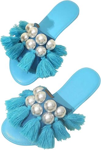 Verdusa Women's Faux Pearl Tassel Dressy Sandals Summer Slip on Leather Flat Sandals in Saudi Arabia