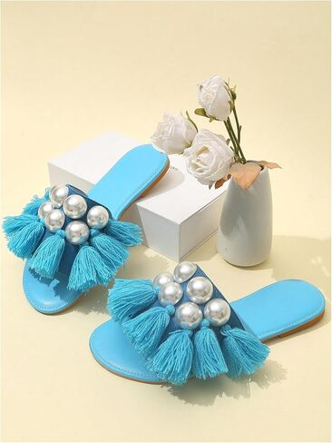 Verdusa Women's Faux Pearl Tassel Dressy Sandals Summer Slip on Leather Flat Sandals in Saudi Arabia