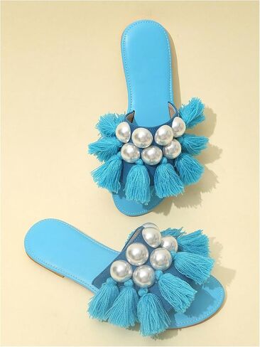 Verdusa Women's Faux Pearl Tassel Dressy Sandals Summer Slip on Leather Flat Sandals in Saudi Arabia