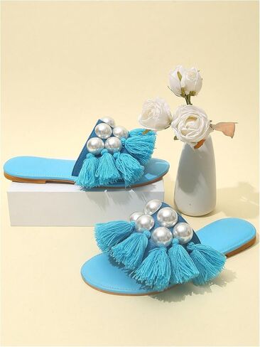 Verdusa Women's Faux Pearl Tassel Dressy Sandals Summer Slip on Leather Flat Sandals in Saudi Arabia