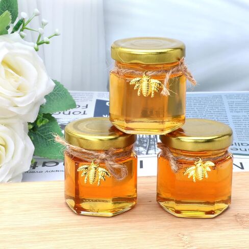 برطمانات عسل زجاجية صغيرة سداسية بحجم 1.5 أونصة - 30 عبوة من برطمانات العسل مع غطاس خشبي، غطاء ذهبي، قلادات النحل، جوت - مثالية لاستحمام الطفل، هدايا الزفاف، هدايا الحفلات in Saudi Arabia