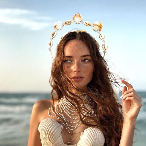 JeVenis Mermaid Headband Seashell Siren Costume Women Gold Halo Crown Headpiece for Mermaid Sirens Goddess Cosplay Renaissance in Saudi Arabia