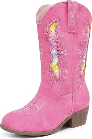 أحذية رعاة البقر اللامعة اللامعة للفتيات والأطفال الصغار بسحاب متوسط ​​الساق وأصابع مدببة وكعب منخفض وتطريز غربي وحفلات أعياد الميلاد للأطفال الصغار إلى الأطفال الكبار in Kuwait