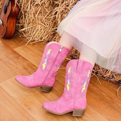 أحذية رعاة البقر اللامعة اللامعة للفتيات والأطفال الصغار بسحاب متوسط ​​الساق وأصابع مدببة وكعب منخفض وتطريز غربي وحفلات أعياد الميلاد للأطفال الصغار إلى الأطفال الكبار in Kuwait