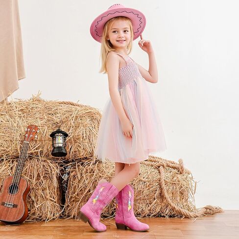 أحذية رعاة البقر اللامعة اللامعة للفتيات والأطفال الصغار بسحاب متوسط ​​الساق وأصابع مدببة وكعب منخفض وتطريز غربي وحفلات أعياد الميلاد للأطفال الصغار إلى الأطفال الكبار in Kuwait