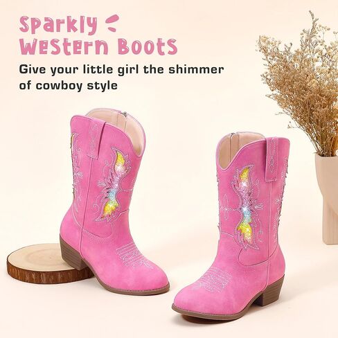 أحذية رعاة البقر اللامعة اللامعة للفتيات والأطفال الصغار بسحاب متوسط ​​الساق وأصابع مدببة وكعب منخفض وتطريز غربي وحفلات أعياد الميلاد للأطفال الصغار إلى الأطفال الكبار in Kuwait