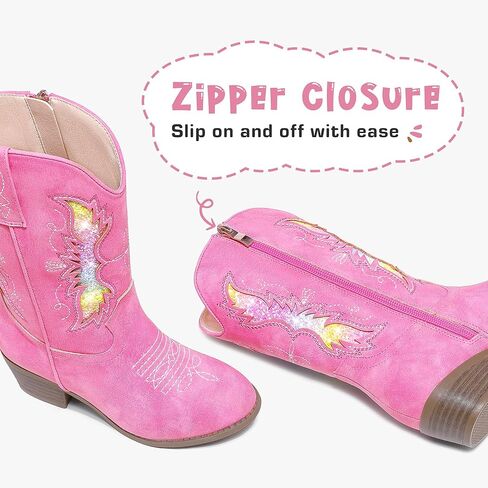 أحذية رعاة البقر اللامعة اللامعة للفتيات والأطفال الصغار بسحاب متوسط ​​الساق وأصابع مدببة وكعب منخفض وتطريز غربي وحفلات أعياد الميلاد للأطفال الصغار إلى الأطفال الكبار in Kuwait