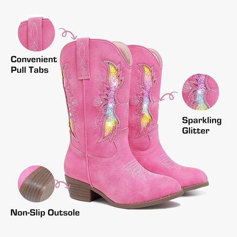 أحذية رعاة البقر اللامعة اللامعة للفتيات والأطفال الصغار بسحاب متوسط ​​الساق وأصابع مدببة وكعب منخفض وتطريز غربي وحفلات أعياد الميلاد للأطفال الصغار إلى الأطفال الكبار in Kuwait