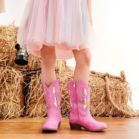 أحذية رعاة البقر اللامعة اللامعة للفتيات والأطفال الصغار بسحاب متوسط ​​الساق وأصابع مدببة وكعب منخفض وتطريز غربي وحفلات أعياد الميلاد للأطفال الصغار إلى الأطفال الكبار in Kuwait