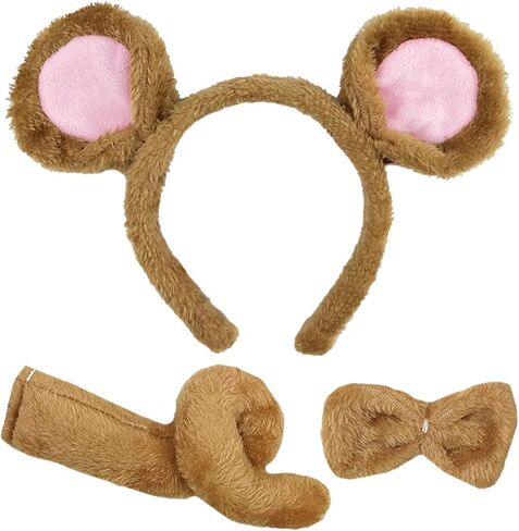 DALJIAFA Halloween Mouse Ears Headband Bow Tie Tail Mouse Hair Hoops Headpiece Bowtie Women Animal Hair Bands Hairband Cosplay Dress Up Masquerade Holiday Festival Parade Birthday Party Supplies Brown in Kuwait