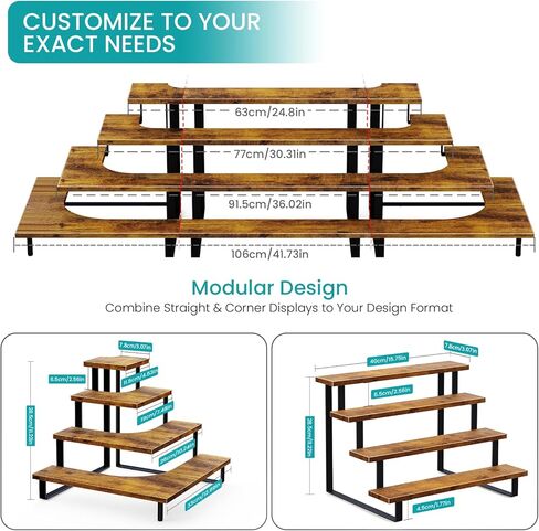 ELITEROO Tiered Display Stand, Wooden Display Risers, 4 Tier Display Shelf for Vendors Retail Craft Show Market, Table Top Display Rack for Cupcakes Perfume Figures Candles Makeup, Curved Corner in Kuwait