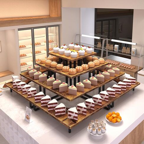 ELITEROO Tiered Display Stand, Wooden Display Risers, 4 Tier Display Shelf for Vendors Retail Craft Show Market, Table Top Display Rack for Cupcakes Perfume Figures Candles Makeup, Curved Corner in Kuwait