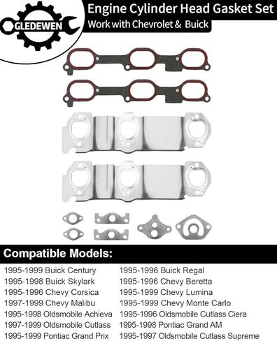 Head Gasket Kit, w/Cylinder Head Bolt, Compatible with 1995-1999 Chevy Malibu Corsica Lumina Monte, Buick Century Regal, Oldsmobile, Pontiac 3.1 L Engine, w/Intake & Exhaust Manifold Gasket Set in Saudi Arabia
