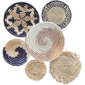 Laquedecraft Boho Wicker Rattan Plate Basket Set For Décor Hanging Wall | Large Woven Farmhouse Rustic Bohemian Art Baket Hangings For Decorative Home, Bedroom, Living Room, Kitchen, Bathroom (Classic, Natural, Set of 6) in Kuwait