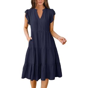 kinstell Womens Summer Casual Midi Dresses Ruffle Sleeve V Neck 2025 V Neck Tiered Swing A Line Dresses in Kuwait