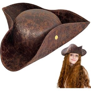 Brown Faux Leather Pirate Hat,Tricorn Novelty Vintage Style Leather Priate Hats for Men,Women,Halloween Costume Accessories,Cosplay in Kuwait