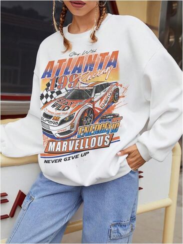 WDIRARA Women's Car Graphic Sweatshirt Crewneck Long Sleeve Pullover Oversized Top in Saudi Arabia