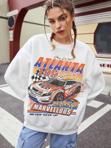WDIRARA Women's Car Graphic Sweatshirt Crewneck Long Sleeve Pullover Oversized Top in Saudi Arabia