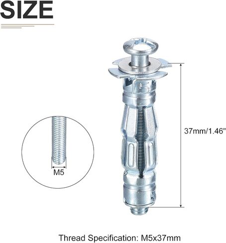 M5x37mm Hollow Wall Anchors - 20 Pack - Good for Hollow Wall Plaster Walls - Carbon Steel Hollow Drywall Anchors Screws, Silver in Saudi Arabia