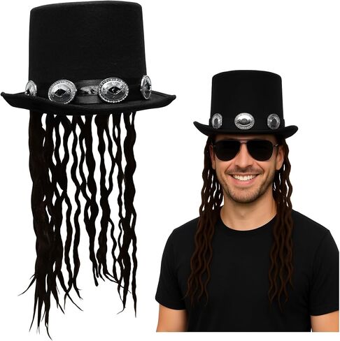 Nicky Bigs Novelties Voodoo Rocker Top Hat مع Fake Feads and Silver Buckles Deluxe Assume Assume Halloween ، Cosplay ، Steampunk ، Gothic ، Music Festival (Size) in Saudi Arabia