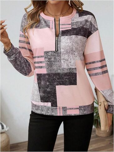 SOLY HUX Women's Color Block Printed Sweatshirt Half Zip Crew Neck Long Sleeve Casual Pullover Tops in Saudi Arabia