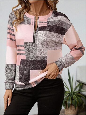 SOLY HUX Women's Color Block Printed Sweatshirt Half Zip Crew Neck Long Sleeve Casual Pullover Tops in Saudi Arabia