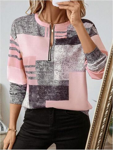SOLY HUX Women's Color Block Printed Sweatshirt Half Zip Crew Neck Long Sleeve Casual Pullover Tops in Saudi Arabia