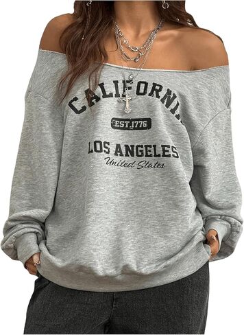 SHENHE Women's Off Shoulder Letter Graphic Baggy Sweatshirts Loose Y2k Long Sleeve Pullovers in Saudi Arabia