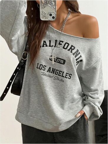 SHENHE Women's Off Shoulder Letter Graphic Baggy Sweatshirts Loose Y2k Long Sleeve Pullovers in Saudi Arabia