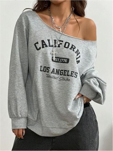 SHENHE Women's Off Shoulder Letter Graphic Baggy Sweatshirts Loose Y2k Long Sleeve Pullovers in Saudi Arabia