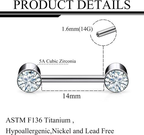 Ruifan Titanium Internally Threaded Nipple Piercing Jewelry Ring Jeweled Round Cubic Zirconia Tongue Rings Straight Barbell Body Piercing Jewelry for Women Men 14G 14MM With Straight Piercing Taper in Saudi Arabia