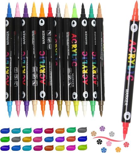 24 Colors Acrylic Paint Markers,Dual Tip Drawing Marker Pen for Rock Painting,Ceramic,Wood,Plastic,Calligraphy,Scrapbooking,Brush Lettering,Card Making,DIY Crafts in Saudi Arabia