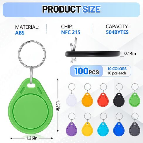 100 Pcs NFC Tags Keytags NFC Key Fob Keychain Business Card Commercial Access Cards Chip Digital Programmable 504 Bytes Memory, Compatible with Android & Iphonem, Black in Kuwait