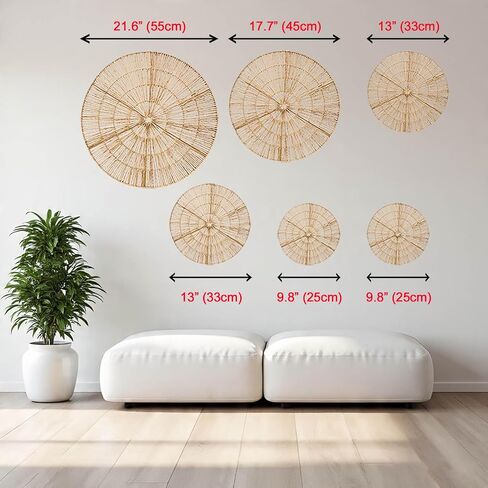 Laquedecraft Boho Wicker Rattan Plate Basket for Décor Hanging Wall | مزرعة كبيرة منسوجة من المنسوجة البوهيمية البوهيمي باكيت شنقا للمنزل الزخرفي ، غرفة النوم ، غرفة المعيشة ، المطبخ ، الحمام (كلاسيكي ، طبيعي ، مجموعة من 6) in Kuwait