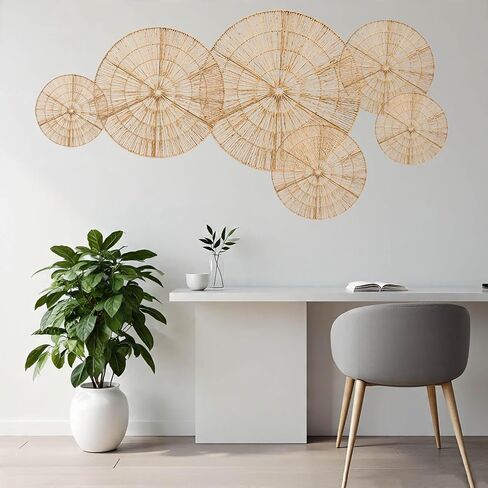 Laquedecraft Boho Wicker Rattan Plate Basket for Décor Hanging Wall | مزرعة كبيرة منسوجة من المنسوجة البوهيمية البوهيمي باكيت شنقا للمنزل الزخرفي ، غرفة النوم ، غرفة المعيشة ، المطبخ ، الحمام (كلاسيكي ، طبيعي ، مجموعة من 6) in Kuwait