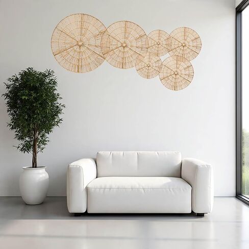 Laquedecraft Boho Wicker Rattan Plate Basket for Décor Hanging Wall | مزرعة كبيرة منسوجة من المنسوجة البوهيمية البوهيمي باكيت شنقا للمنزل الزخرفي ، غرفة النوم ، غرفة المعيشة ، المطبخ ، الحمام (كلاسيكي ، طبيعي ، مجموعة من 6) in Kuwait
