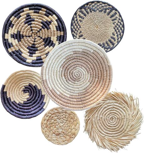 Laquedecraft Boho Wicker Rattan Plate Basket Set For Décor Hanging Wall | Large Woven Farmhouse Rustic Bohemian Art Baket Hangings For Decorative Home, Bedroom, Living Room, Kitchen, Bathroom (Classic, Natural, Set of 6) in Kuwait