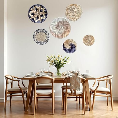 Laquedecraft Boho Wicker Rattan Plate Basket Set For Décor Hanging Wall | Large Woven Farmhouse Rustic Bohemian Art Baket Hangings For Decorative Home, Bedroom, Living Room, Kitchen, Bathroom (Classic, Natural, Set of 6) in Kuwait