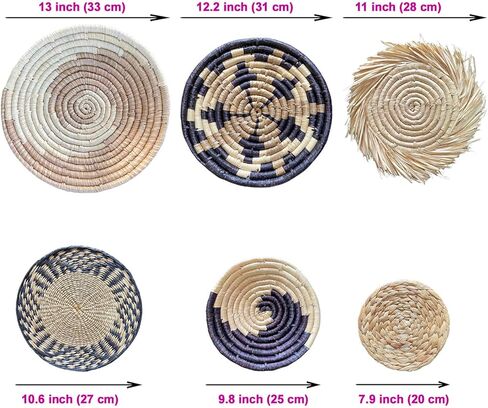 Laquedecraft Boho Wicker Rattan Plate Basket Set For Décor Hanging Wall | Large Woven Farmhouse Rustic Bohemian Art Baket Hangings For Decorative Home, Bedroom, Living Room, Kitchen, Bathroom (Classic, Natural, Set of 6) in Kuwait