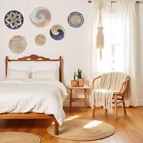 Laquedecraft Boho Wicker Rattan Plate Basket Set For Décor Hanging Wall | Large Woven Farmhouse Rustic Bohemian Art Baket Hangings For Decorative Home, Bedroom, Living Room, Kitchen, Bathroom (Classic, Natural, Set of 6) in Kuwait