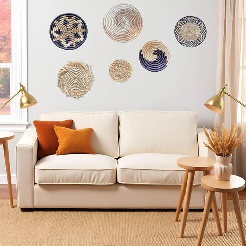 Laquedecraft Boho Wicker Rattan Plate Basket Set For Décor Hanging Wall | Large Woven Farmhouse Rustic Bohemian Art Baket Hangings For Decorative Home, Bedroom, Living Room, Kitchen, Bathroom (Classic, Natural, Set of 6) in Kuwait