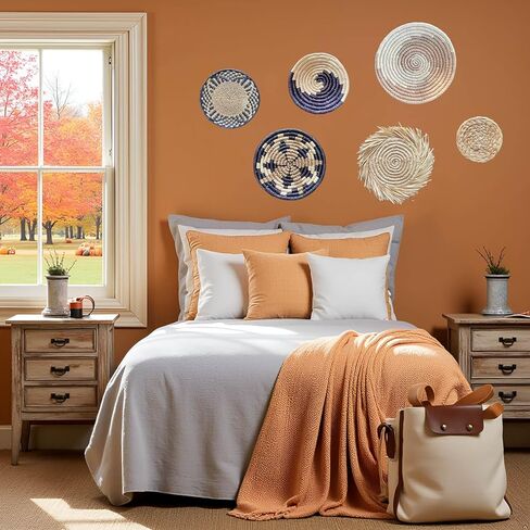 Laquedecraft Boho Wicker Rattan Plate Basket Set For Décor Hanging Wall | Large Woven Farmhouse Rustic Bohemian Art Baket Hangings For Decorative Home, Bedroom, Living Room, Kitchen, Bathroom (Classic, Natural, Set of 6) in Kuwait