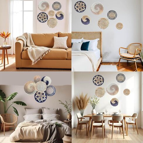 Laquedecraft Boho Wicker Rattan Plate Basket Set For Décor Hanging Wall | Large Woven Farmhouse Rustic Bohemian Art Baket Hangings For Decorative Home, Bedroom, Living Room, Kitchen, Bathroom (Classic, Natural, Set of 6) in Kuwait